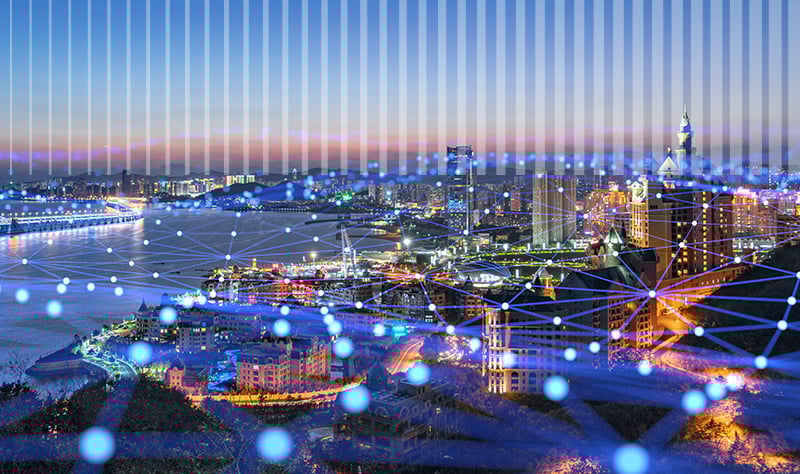 Cityscape with interconnected grid overlay